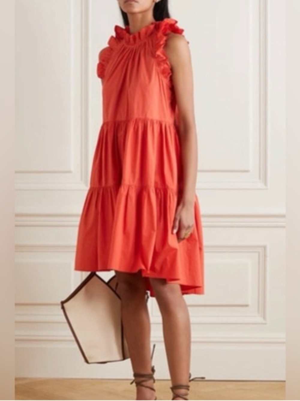 Ulla Johnson Tamsin Cotton Orange Sleeveless Ruffle Mini Dress M (8)